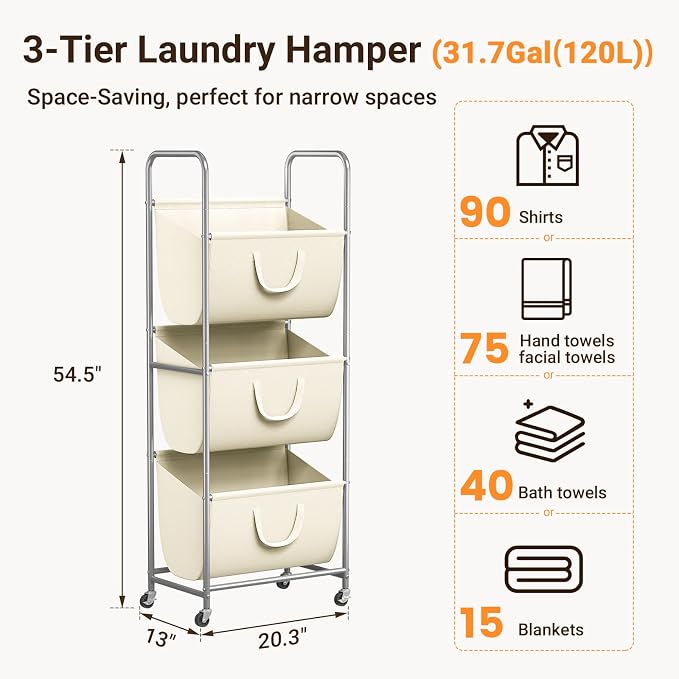 ELYKEN 3-Tier Vertical Rolling Laundry Hamper with Wheels & Removable Bags - Image 3