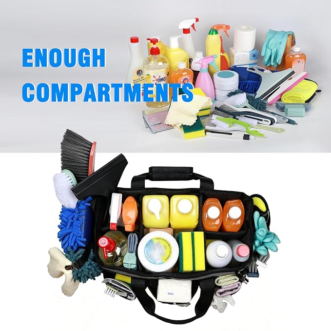 Extra Large Cleaning Caddy Bag with 4 Foldable Dividers, Wearable Cleaning Caddy Organizer with Handle & Shoulder Strap & Waist Strap, Housekeeping Tote for Cleaners, Black - Image 5