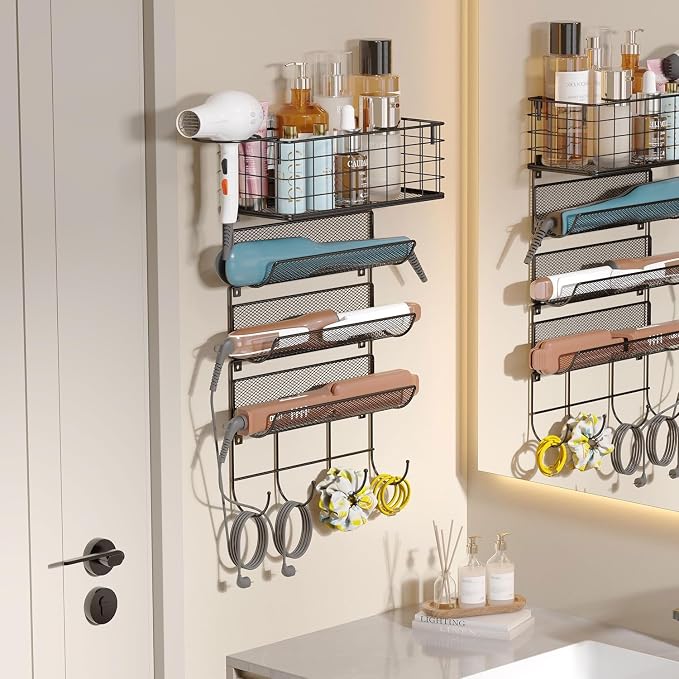 Wall-Mounted Hair Dryer Holder Styling Tool Organizer 4-Shelf Storage Wire Basket with Hook Heat Safe Rack for Hair-Straighteners,Curling Wands,Flat Iron,Perfume,Cabinet Door Bathroom Kitchen by Sonyabecca
