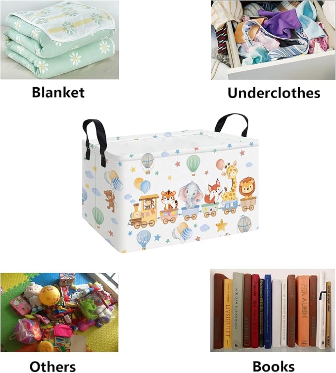 Rectangular Collapsible Laundry Basket with Side Handles, Train Animals - Image 3