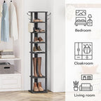 HOOBRO 8 Tiers Vertical Shoe Rack, Wooden Shoe Storage Organizer with Hooks, Narrow Shoe Tower for 8 Pairs, Space Saving, for Entryway, Living Room, Bedroom, Black BK07XJ01 - Image 4