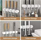 2Pcs Broom Holder Wall Mount, No-Drilling Self-Adhesive Mop and Broom Storage Rack with Hooks (4 Racks with 5 Hooks), Wall-Mounted Broom Hanger for Bathroom, Kitchen, Closet, Garage (White ﻿) - Image 3