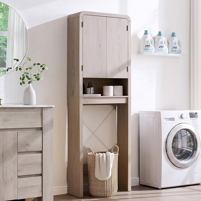 Over the Toilet Storage Cabinet, 69.69" Curved Bathroom Storage Organizer Cabinet with Doors and Adjustable Shelves, Wooden Free Standing Toilet Space Saver Rack, Cream - Image 3