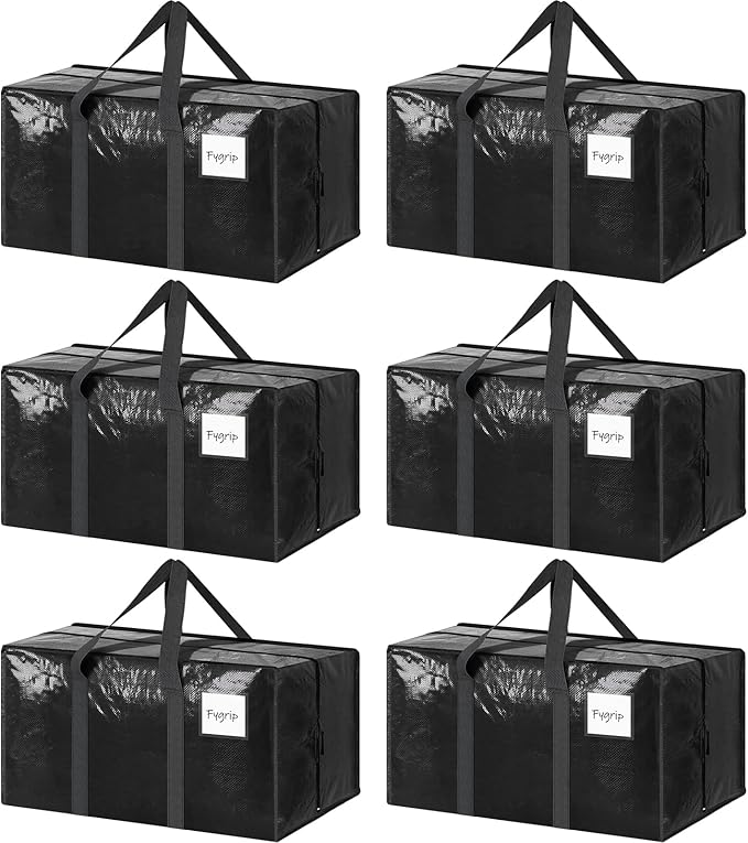 6 Pack Extra Heavy Duty Large Moving Bags with Strong Zipper, Black | Comfortable Handles, Sturdy & Durable Clothes Storage Bags Totes Bins, Blue Packing Moving Boxes for College Supplies by Fygrip