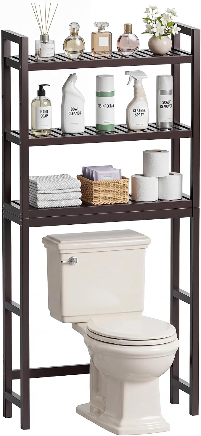 SMIBUY Bathroom Storage Shelf, Bamboo Over-The-Toilet Organizer Rack, Freestanding Toilet Space Saver with 3-Tier Adjustable Shelves (Dark Brown) by SMIBUY