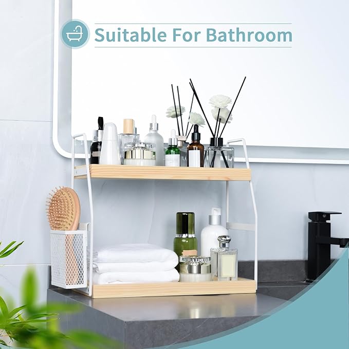 Bathroom Counter Organizer, 2-Tier Standing Storage Shelf with Basket, Wood Tray for Skincare Vanity Organizer(White) - Image 4