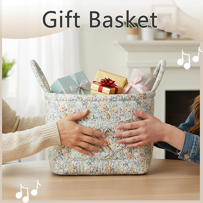 Quilted Fabric Storage Basket with Handles & Pocket, Foldable Laundry Hamper Boho Floral Print Organizer Bin for Home, Picnic, Office 12"x10"x10" (A-3) - Image 7