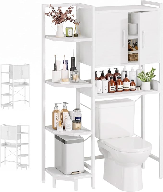 K2 Heavy Duty 7-Tier Over The Toilet Storage Cabinet（With Magnetic Doors & Adjustable Feet）Freestanding Above Toilet Shelf，Space Saver Bathroom Organizer 9.3"D x 31.5"W x 67.2"H，Beige White by Roxibelt