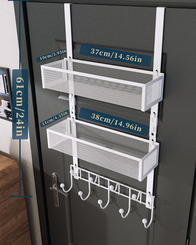Consumest Over The Door Hooks Organizer - 3 Tier Door Hanger with 9 Coat Hooks & 2 Mesh Basket, Back Storage Organizer Hanging Towels for Bathroom, Bedroom, White - Image 8