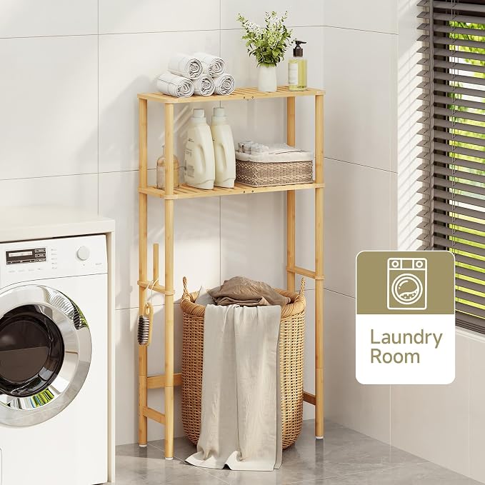 Over The Toilet Storage,2-Tier Bamboo Bathroom Shelf with Paper Holder - Image 8
