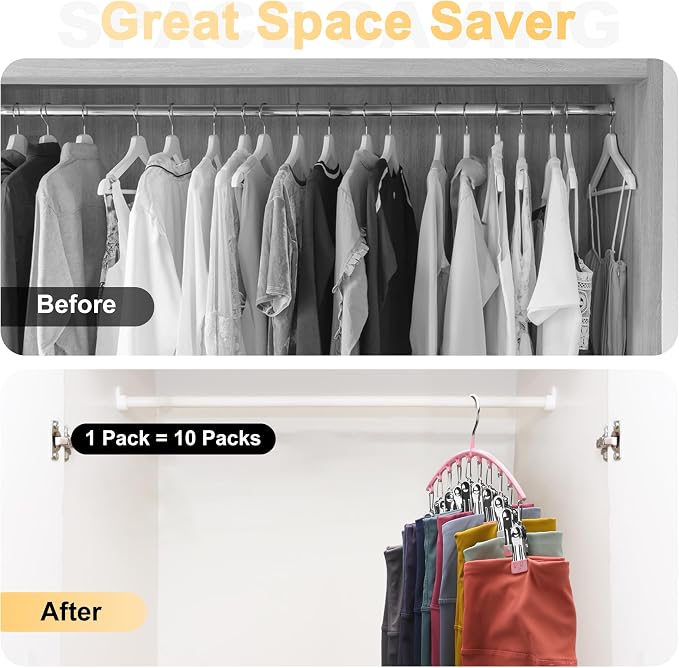 Metal Yoga Pants Hangers 1 Pack w/10 Clips Holds 10 Leggings, Space Saving Hanging Closet Organizer w/Rubber Coated Closet Organizers and Storage, Pink - Image 2
