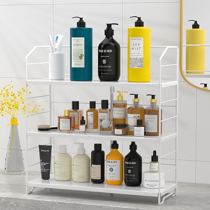 BOIVSHI Bathroom Countertop Organizer, 3-Tier Bathroom Counter Organizer, 8-Levels Height Adjustable, Bathroom Organizer for Kitchen, Livingroom, Office Storage, Metal White by BOIVSHI