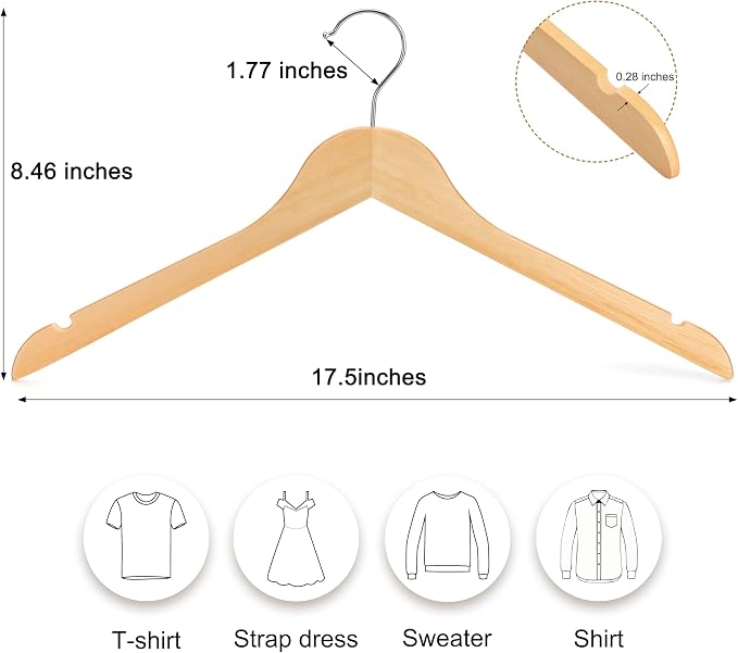 TOPIA HANGER Wooden Hangers 30 Pack, 0.28-inch Slim & Durable Clothes Hangers Space Saving, Natural Wood Hanger with 360°Swivel Hook and Non-Slip Shoulder Notches for Coat,Shirt, Camisole, Dress-CT51N - Image 2