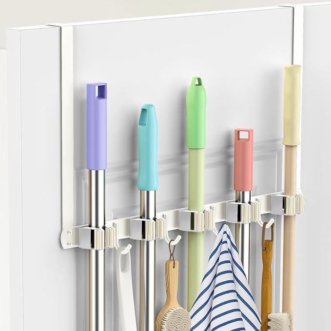 Broom Holder Over The Door with 4 Over Door Hook, Drilling Free Mop - White by DegMongee