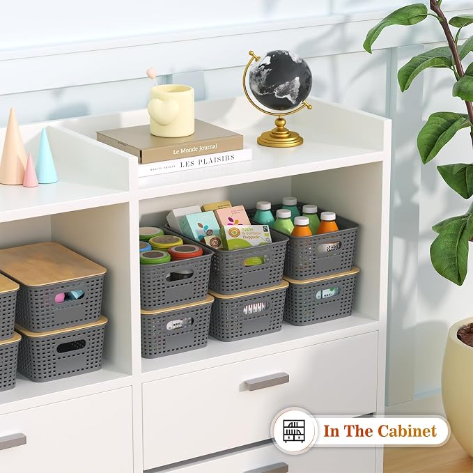 Ohmlove 6 Pack Plastic Storage Baskets with Bamboo Lids for Organization - Image 4