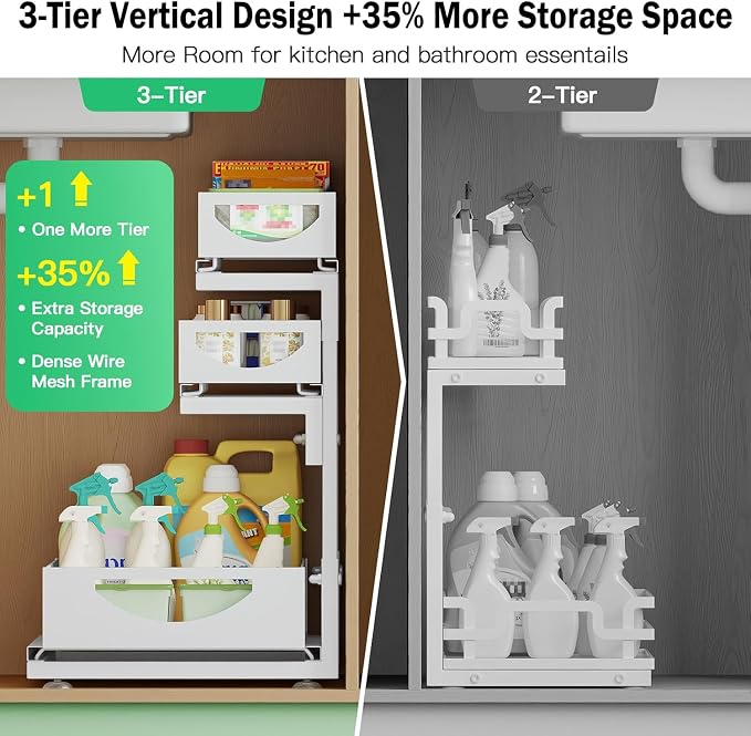 Under Sink Organizer, 1-Pack 3-Tier Pull Out Cabinet Organizers and Storage - Image 3