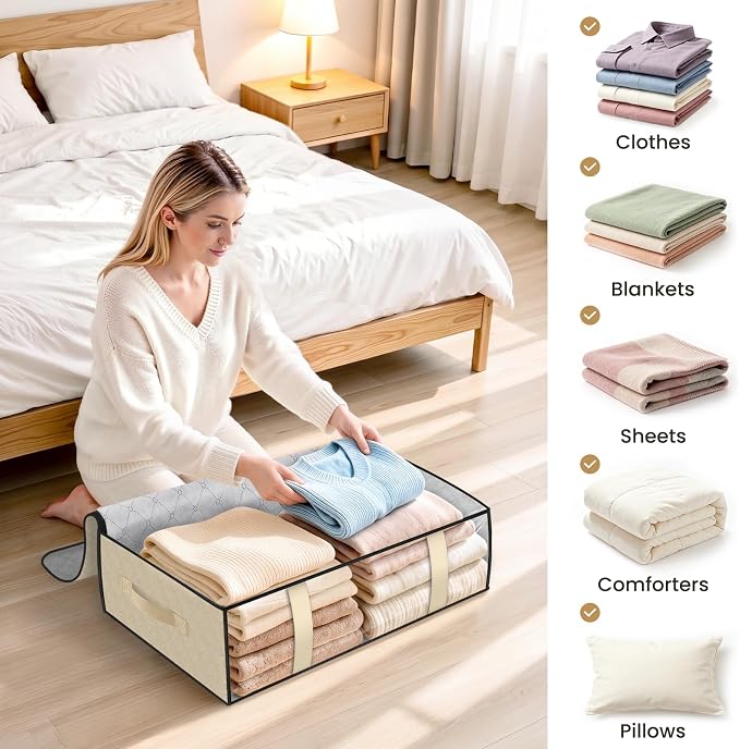 StorageRight Under Bed Storage Bags, 4 Pack, 40L, Beige | Breathable Non-Woven Fabric with a Clear Window and Zippered Top for Clothes, Comforters, Blankets and Seasonal Storage - Image 7