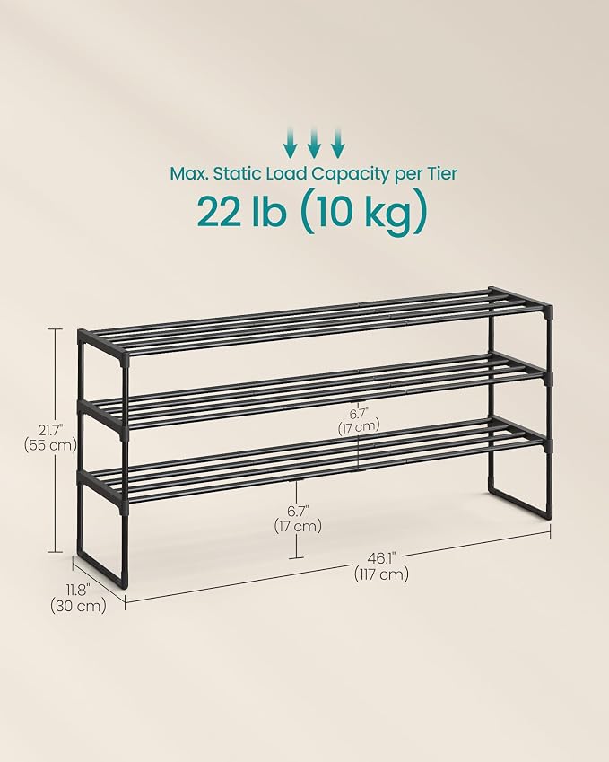 SONGMICS Shoe Rack, 3-Tier Shoe Organizer, Metal Storage Shelf | for Entryway, Upright or Upside Down, for 20-24 Pairs, Stackable, 11.8 x 46.1 x 21.7 Inches, Black ULSA033B01 - Image 2