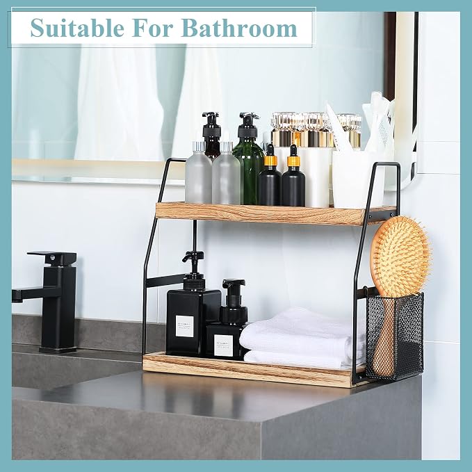 Uneviesyka Bathroom Counter Organizer, 2-Tier Standing Storage Shelf with Basket, Wood Tray for Skincare Vanity Organizer - Image 4