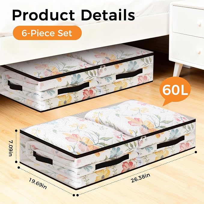 6 Pack Under Bed Storage Bags, 60L Foldable Clear Containers with Handles | Dual Zipper Storage Bins for Comforters, Bedding, Blankets, Closet Organizer for Clothes, Linen Sheets, College Moving - Image 2