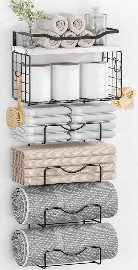 Towel Racks for Bathroom,Towel Rack Wall Mounted, 6 Tier Rolled Or Folded Towel Holder with Floating Shelves, Bathroom Towel Holder for Bath, Hand Towels,Metal,White Wood Panel by LIDTOP