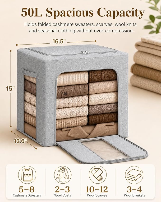 Large Cashmere Sweater Storage Bags w/ Steel Frame, 50L Wool Garment Bag - Image 2