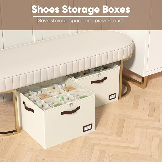 OIAHOMY 2 Pack Shoe Organizer for Closet, Large Foldable Shoe Storage Bins with Dividers and Reinforced Handles, Each Clear Cover Sneaker Box Fits Up to 16 Pairs for Entryway and Bedroom, Beige - Image 2