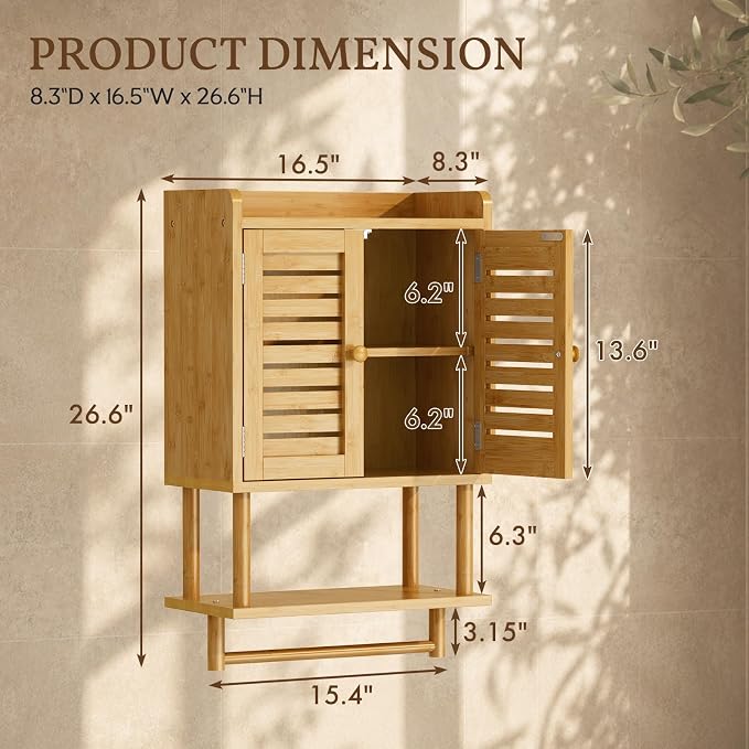 AmazerBath Bathroom Wall Cabinet, Bamboo Over The Toilet Storage Cabinet, Hanging Medicine Cabinets with Towel Bar, Wall Mounted Storage Shelf with Adjustable Shelves for Small Spaces - Image 2