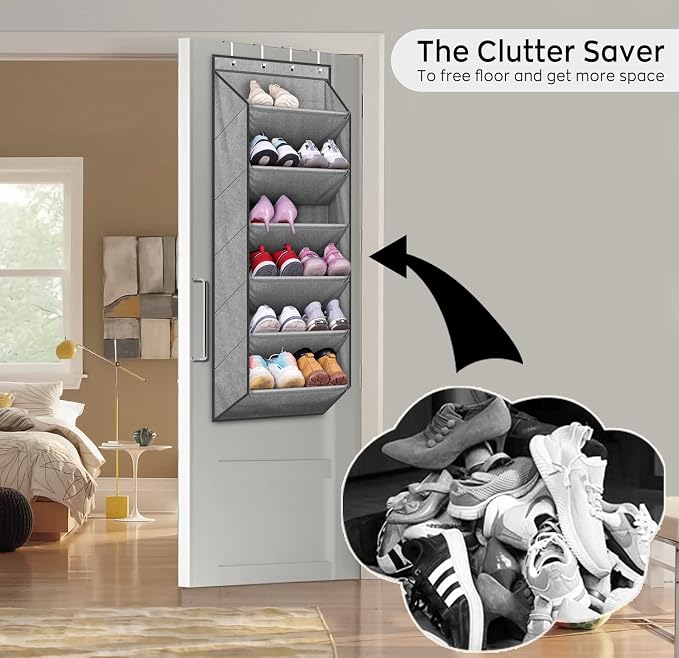 SLEEPING LAMB Over The Door Shoe Organizer for Closet with Large Deep Pockets, Narrow Shoe Rack for Door Hanging Boots Storage, Grey - Image 6
