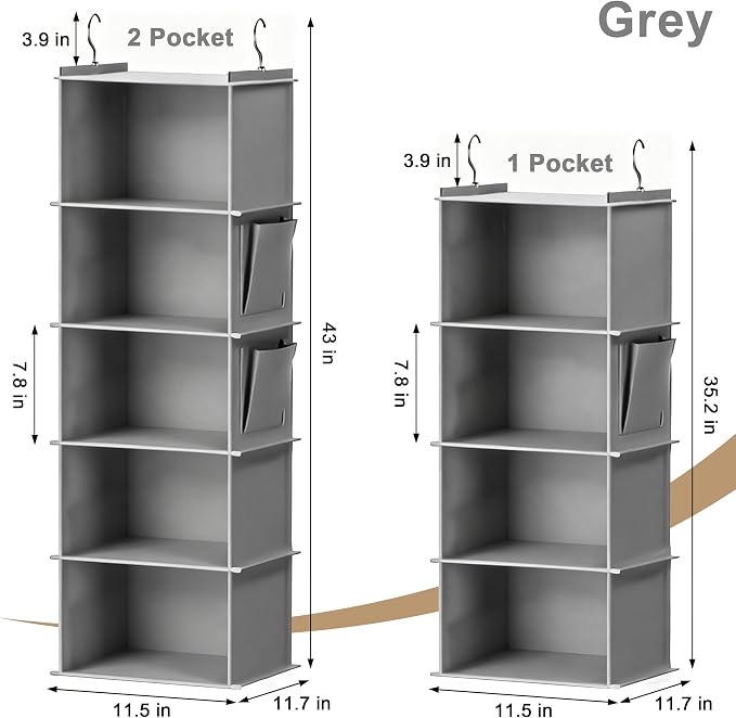 Foldable Hanging Closet Organizer, 5-Shelf Hanging Shelves with Side Pockets, Space Saving Storage for Clothes and Accessories - Image 2