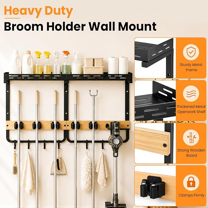 CONNOO Broom Holder Wall Mount with Shelf, Vacuum Organizer - Image 3