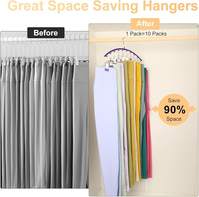 Volnamal Legging Organizer for Closet,4 Pack Metal Yoga Pants Hanger-Purple | Clothes Hanger w/10 Clips Hold 40 Leggings,Space Saving Hanging Closet Organizer College Dorm Essentials Apartment Essential - Image 4