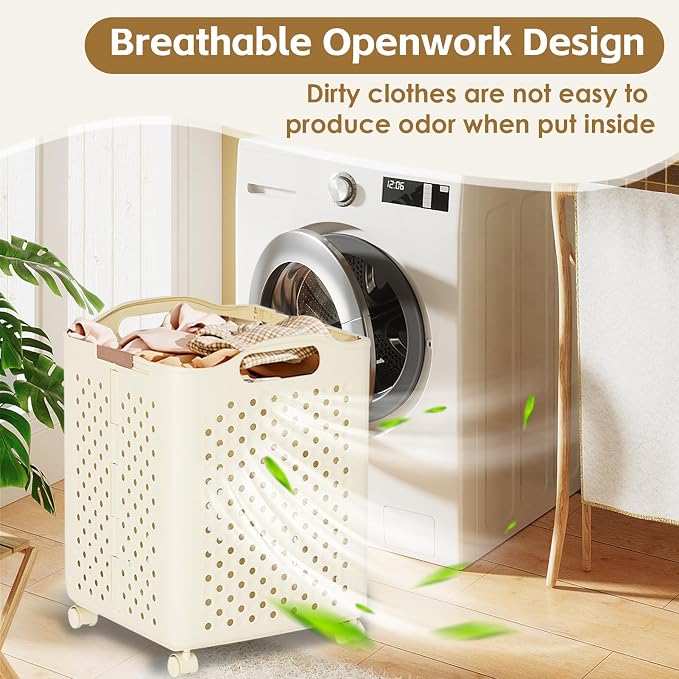 57L Foldable Collapsible Laundry Basket, with Wheels+Handles(Pearl White) - Image 4