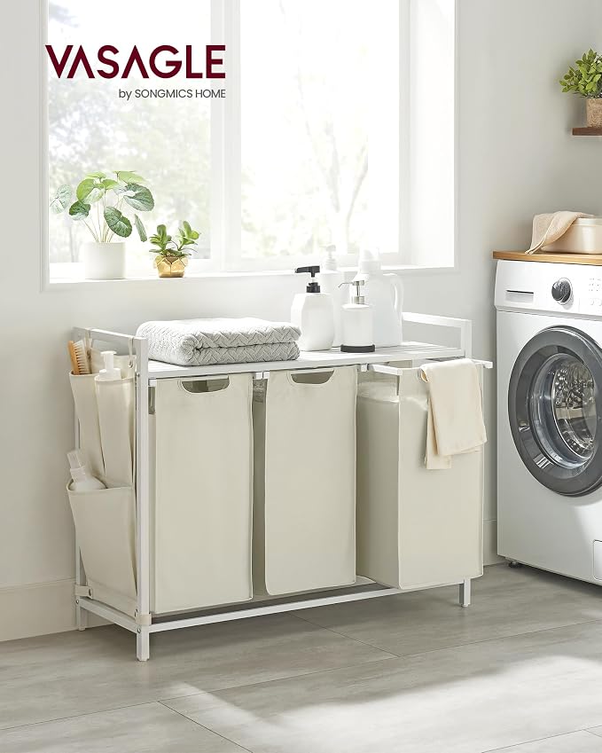 VASAGLE Laundry Hamper with Shelf, 3 Pull-Out Bags, 3 x 10.6 Gallons (40 L) - Image 2