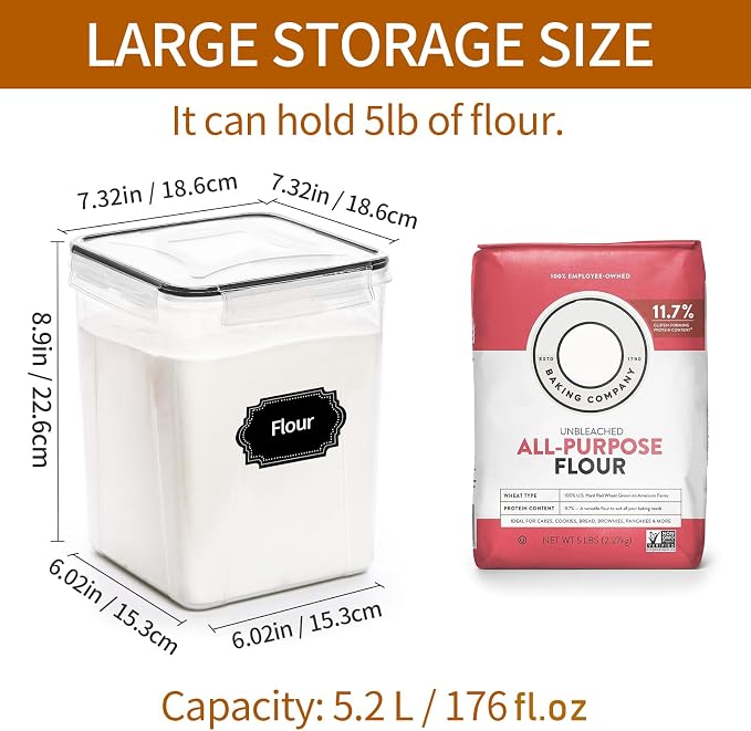 HKJ Chef 4 Pack Large Airtight Food Storage Containers with Lids (5.2L / 176oz), BPA Free Plastic Kitchen and Pantry Organization Contianers for Cereal Flour and Sugar Storage, Labels & Marker - Image 2
