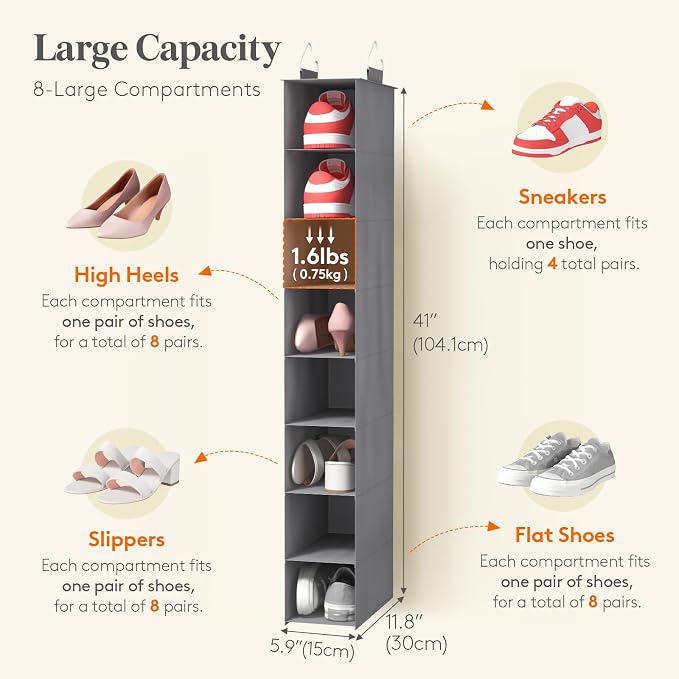 Lifewit 8 Section Hanging Shoe Storage Organizer for Closet Foldable, Gray | Folding Shoe Racks, Fabric Shoes Storage with Two Hangers, Closet Organizers and Storage for Wardrode, Dorm - Image 2