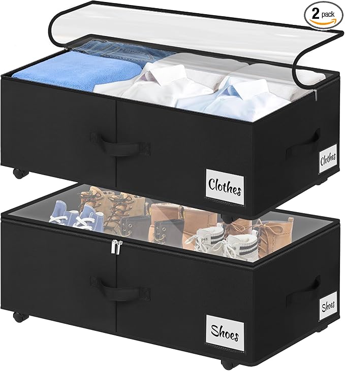 Under Bed Storage with Wheels, 2-Pack 10" Height XXL 75L Rolling Storage Bins, Quick Assembly Underbed Shoe Storage Containers with Clear Lid & Label, Dorm Under Bed Drawers for Clothes, Shoes, Grey by KUKIKAN