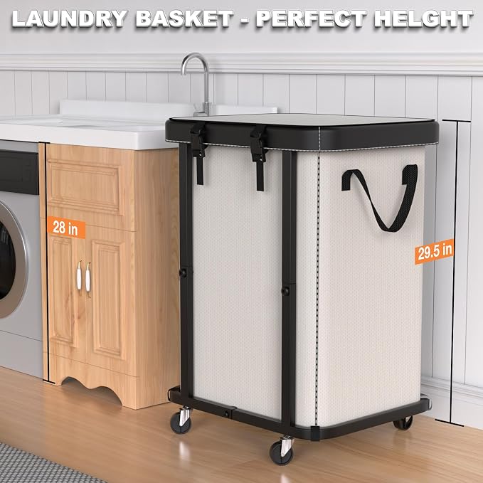 Laundry Basket with Wheels,150L Leather Patchwork Rolling Hamper Carts - Image 4