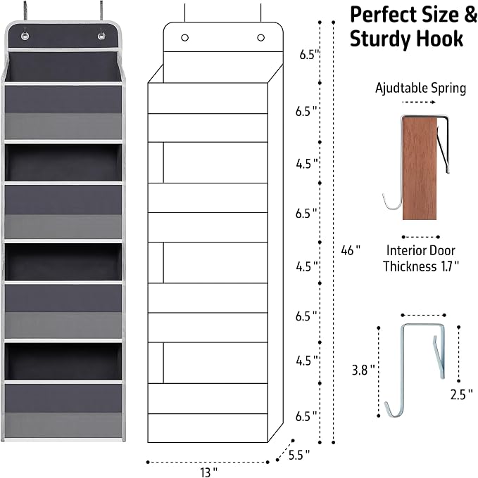 TYMENSH Gray Over Door Organizer with 4 Large Clear Pockets, Neutral Hanging Door Storage for Closet, Bathroom, Bedroom, Dorm, Nursery, Toys, Toiletries, Baby Essentials - Image 2