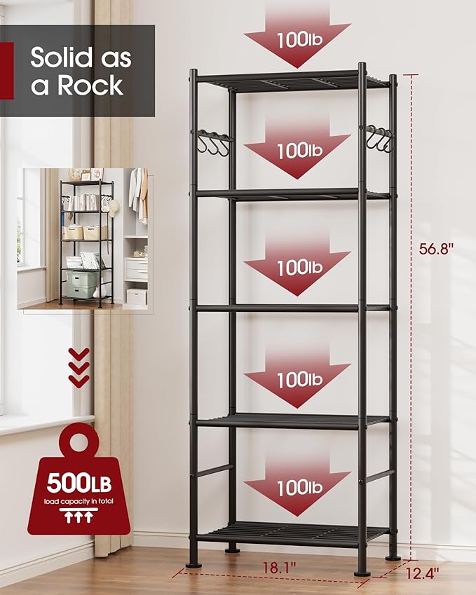 Sakugi 5-Tier Storage Rack Organizer with Hooks, Heavy Duty Metal Garage Rack with Leveling Feet, Freestanding Utility Rack for Bedroom, Balcony and Garage, 18.1"×12.4"×56.8", Black - Image 3