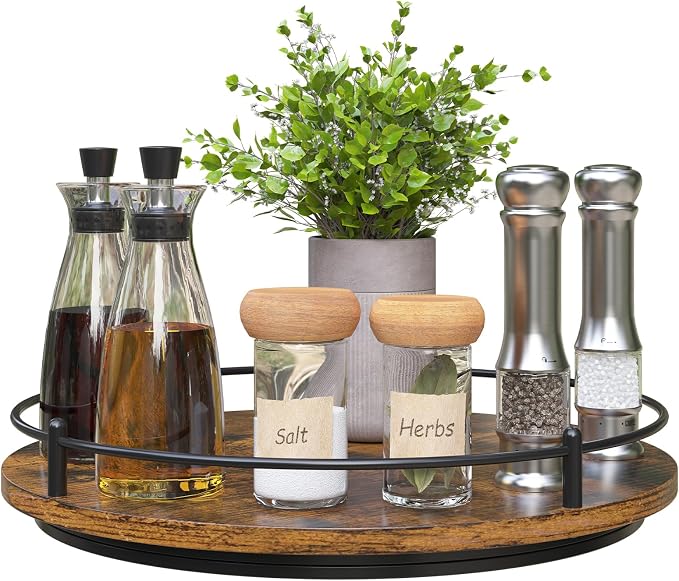 Lazy Susan Organizer：12 Inch 360 Degree Rotating Spice Rack for Kitchen Countertop Round Lazy Susan Wood Turntable Holder for Cabinet Table– Black by KOKSTOP