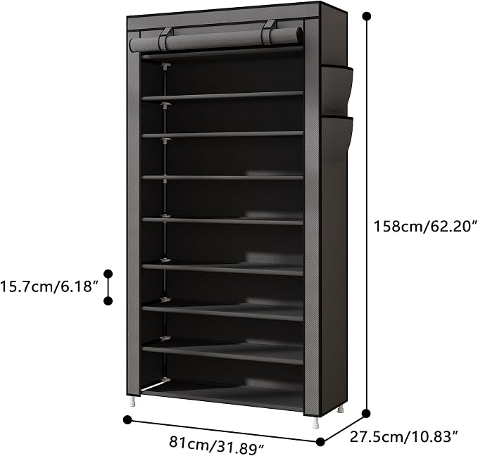 Laiensia 9-Tier Vertical Shoe Rack Organizer, Space Saving Shoe Storage Organizer, Non-Woven Cover Shoe Shelf Holds 36-45Pairs for Bedroom, Hallway, Closet Entryway, Grey - Image 3