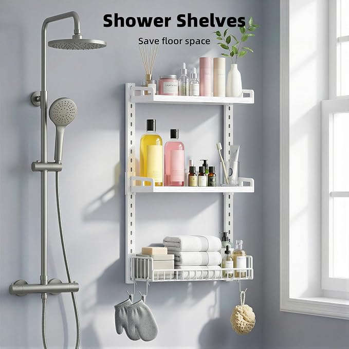 Kalrin 3 Tier Bathroom Shelves Over Toilet - Wall Mounted Floating Shelves with Drain Basket, Toilet Paper Storage, Height Adjustable Over The Toilet Storage, Pure White - Image 5