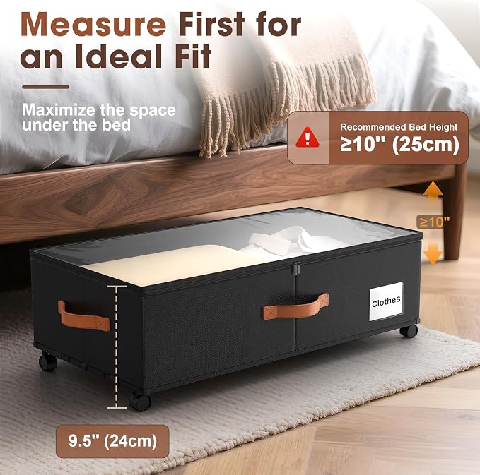Eastherry Under Bed Storage Containers with Wheels, 9.5 inches Higher Underbed Shoes Blankets Clothes Toy Storage Drawers for College Dorms Bedrooms Nursery Rooms Organization, 2 Pack to be Assembled - Image 4