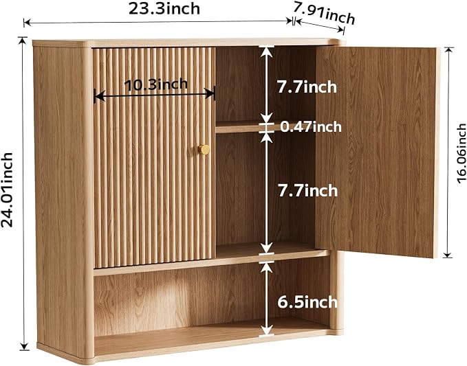 Bathroom Wall Cabinet, Medicine Cabinet with Adjustable Wood Shelf & Doors, Over The Toilet Storage Organizer Wall Mounted Storage Cabinet for Laundry Room, Kitchen, Living Room, Cupboard, Oak - Image 2