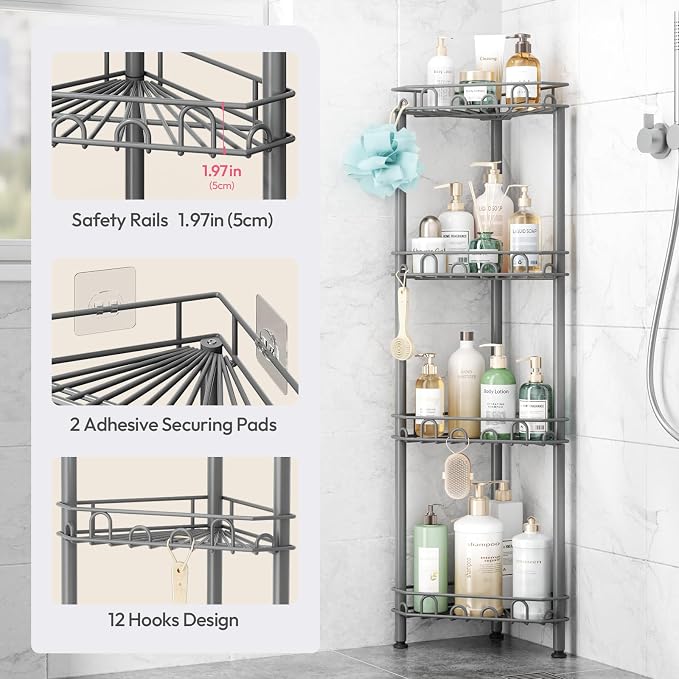 SWTYMIKI Standing Shower Caddy Corner - 4‑Tier Stainless Steel Shower Organizer Shelf with 12 Hooks and Adhesive Pads, Rustproof Corner Shelves Stand Rack for Bathroom Shower Room, Gray - Image 4