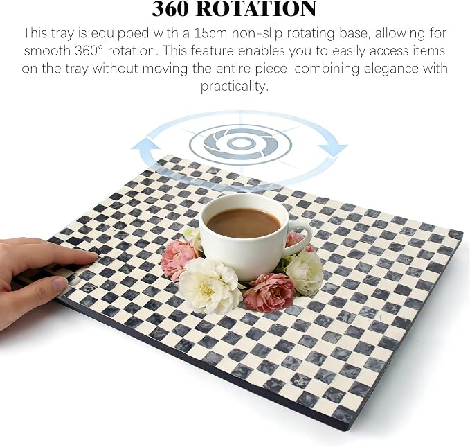 Rectangle Mother of Pearl Lazy Susan Turnable Organizer, 360 Degree Round Table Countertop Decorative Spinning Tray for Kitchen Cabinet Counter Spice Pantry Dinner Table (Chessboard) - Image 4