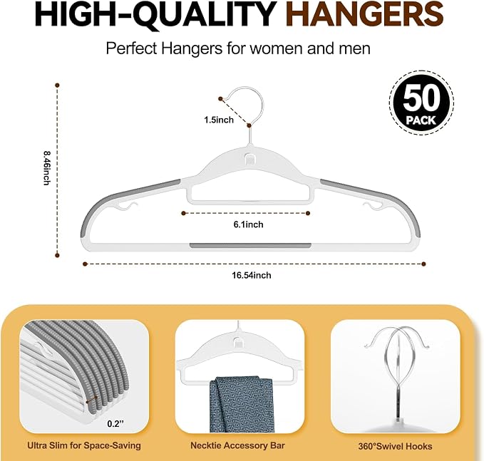 Plastic Stackable Hangers 50 Pack, 360° Swivel Hook, Gray - Image 4