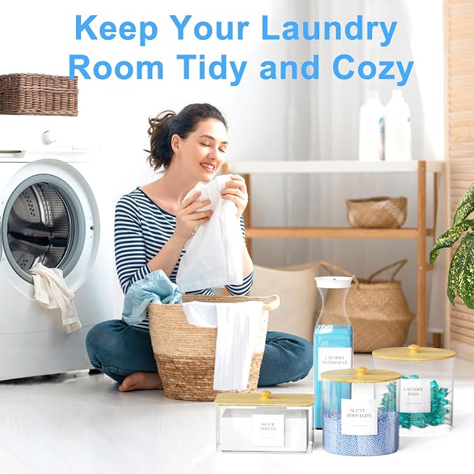3+1 Pack Laundry Pods Containers & Dryer Sheet Holder & Laundry Detergent Dispenser, Laundry Room Organization and Storage Jars with Lids, Labels and Scoops for Scent Booster, Powder, Pods - Image 7