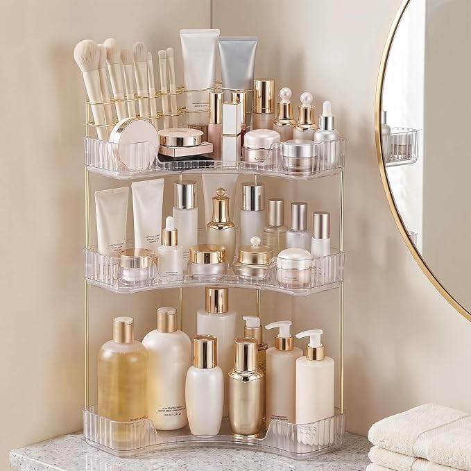 3-Tier Corner Bathroom Counter Organizer with Makeup Brush Holder, Clear by Brothersbox